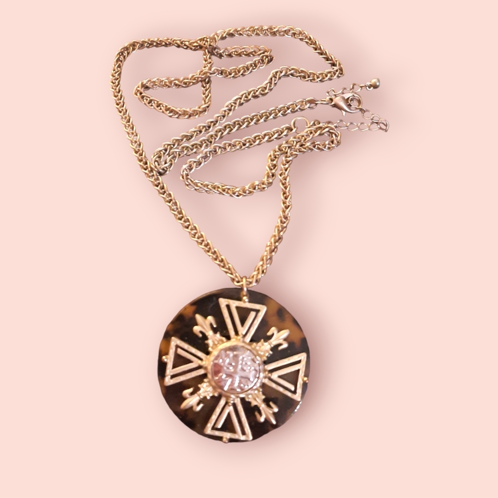 Coin cross tortoiseshell pendant medieval Renaissance style and chain